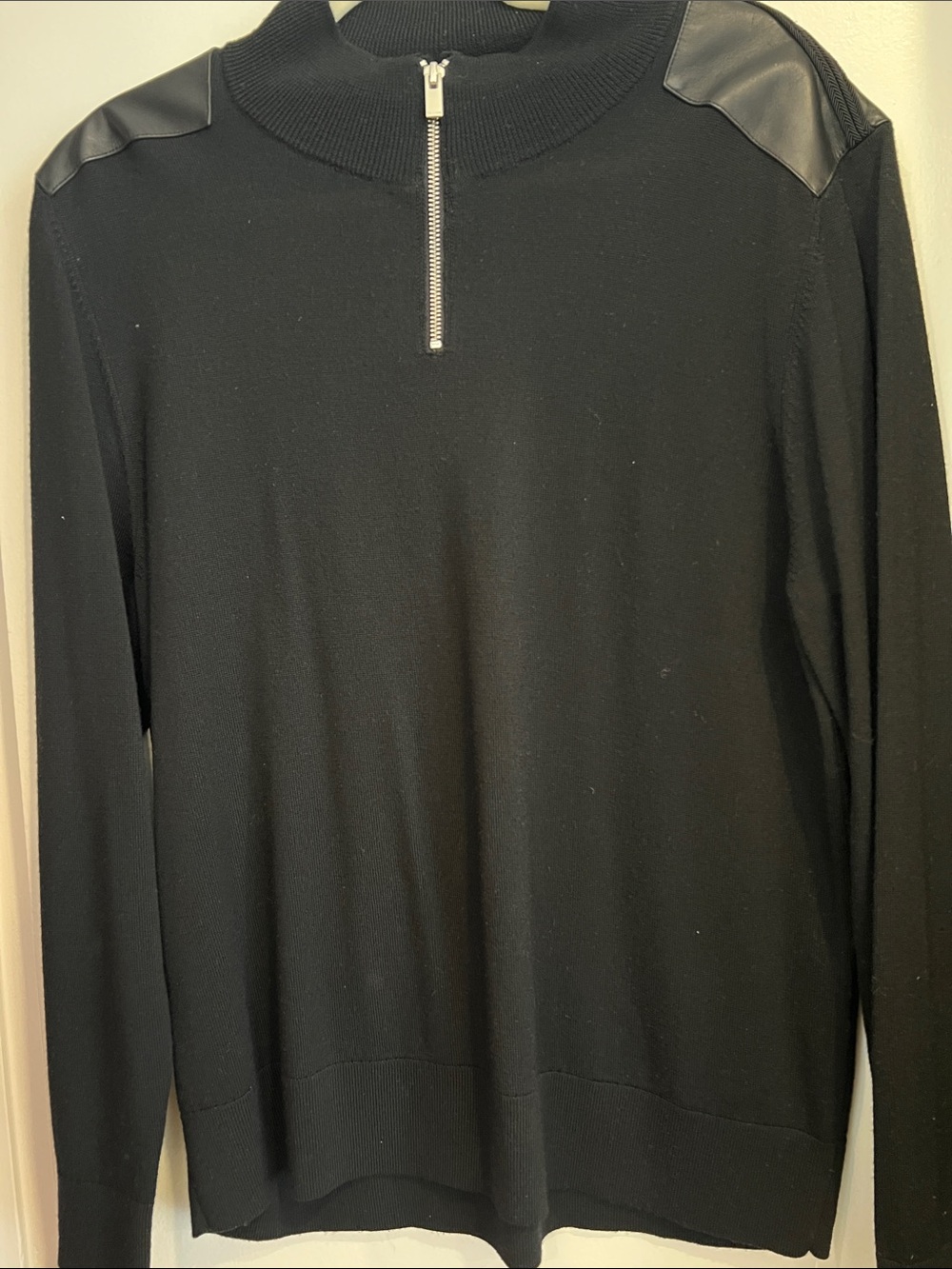 The Kooples Black Half-Zip Sweater with Faux-Leather Shoulder Panels